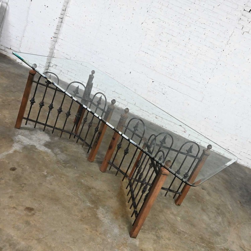 Antique Rustic Wrought Iron Fence Base Custom Dining Table & Beveled Glass Top gallery
