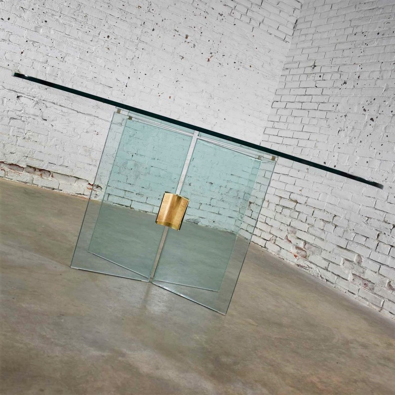 Glass Dining Table with Brass Plated Connector Attributed to The Pace Collection gallery