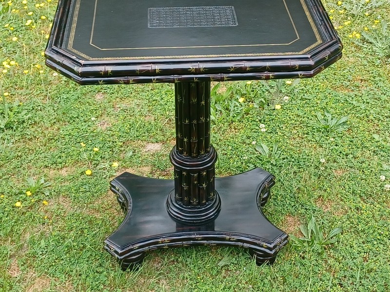 Maitland Smith Side Table Ebonized Faux Bamboo Leather Top Hand Painted Table gallery