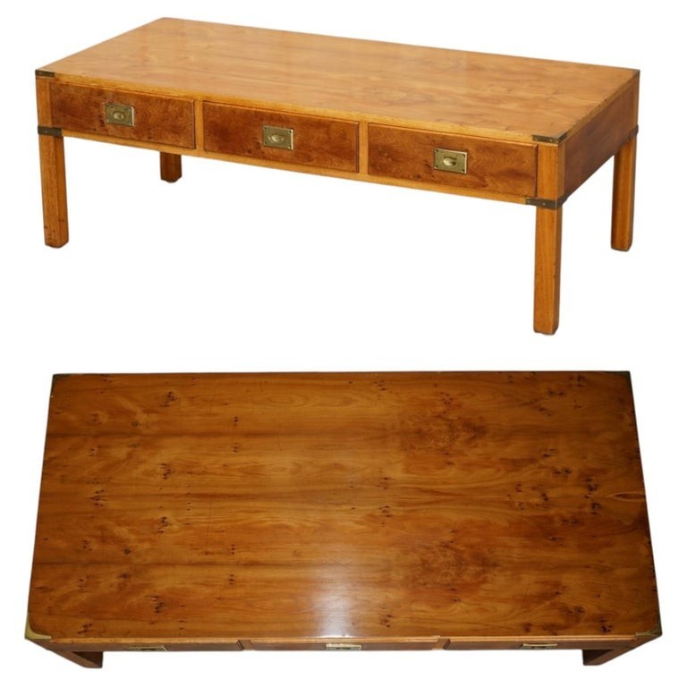 LIGHTLY RESTORED BURR WALNUT & BRASS MILITARY CAMPAIGN THREE DRAWER COFFEE TABLE