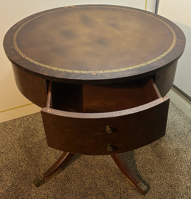 Vintage 30” Mahogany￼leather top drum table W/brass claw Feet Circa 1940s