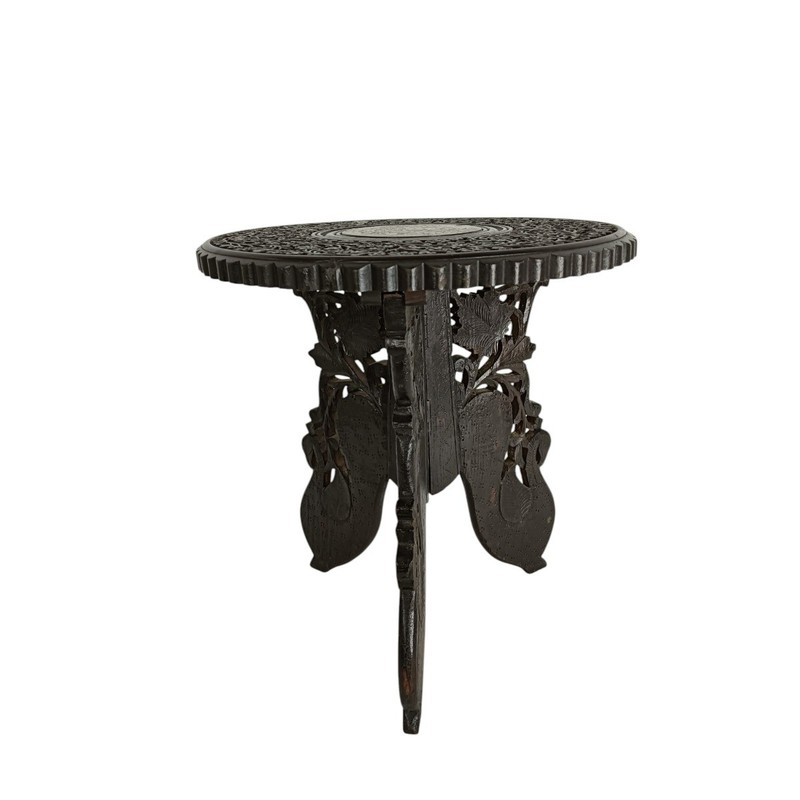 Vintage Asian Carved Foldable Wood Inlay Pedestal Side Table gallery