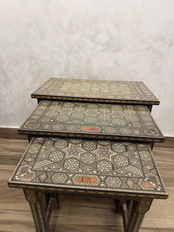 Rare Vintage Damascus Inlaid Nest of 3 Tables 1940s Mother of Pearl Tunbridge gallery
