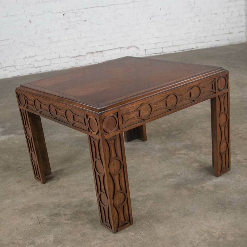 Vintage Modern Square Lane End or Side Table Carved Leg Design & Chevron Veneer gallery