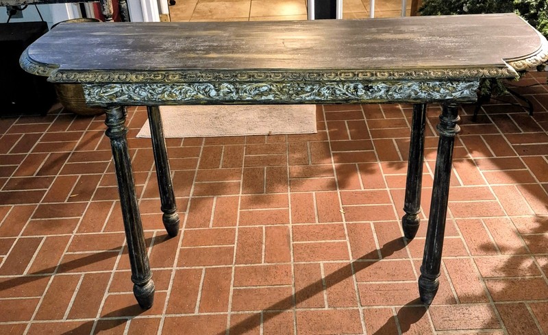 Vintage Wood Antique Console Table Rustic Painted Handcarved Trim, Sides, Legs.