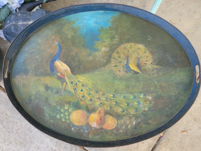 Napoleon lll Style Tole Tray Chinoiserie Butler's Table Peacocks Garden Scene gallery