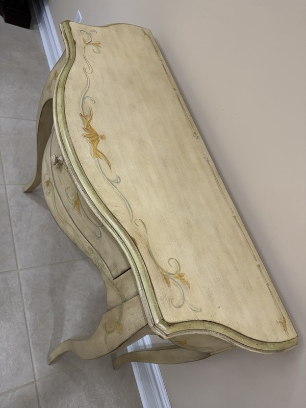 Antique French Country Console Table Wood Curved Beige Gold Carvings Drawer gallery