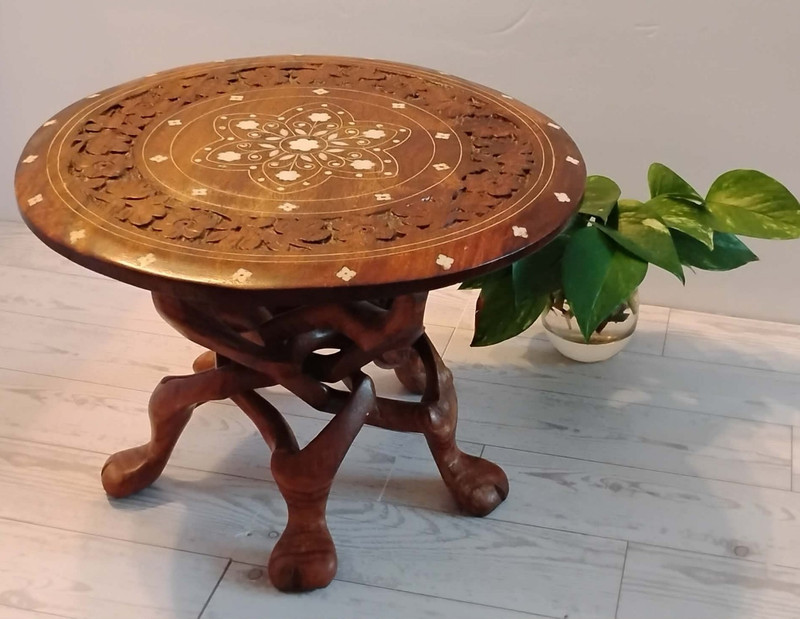 Wooden Indian Carved Table with Inlay Design & Sculptured Legs gallery