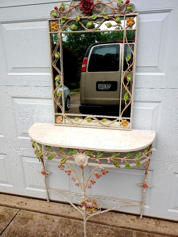 WONDERFUL 1920'S HAND WROUGHT IRON MARBLE TOP DEMILUNE HALL TABLE & MIRROR gallery