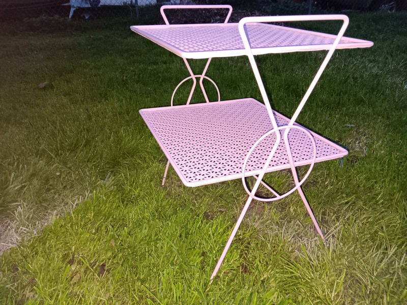 Art Deco 2-Tier Metal Garden Table Stands 23" Indoor / Outdoor Antique Lite Pink gallery
