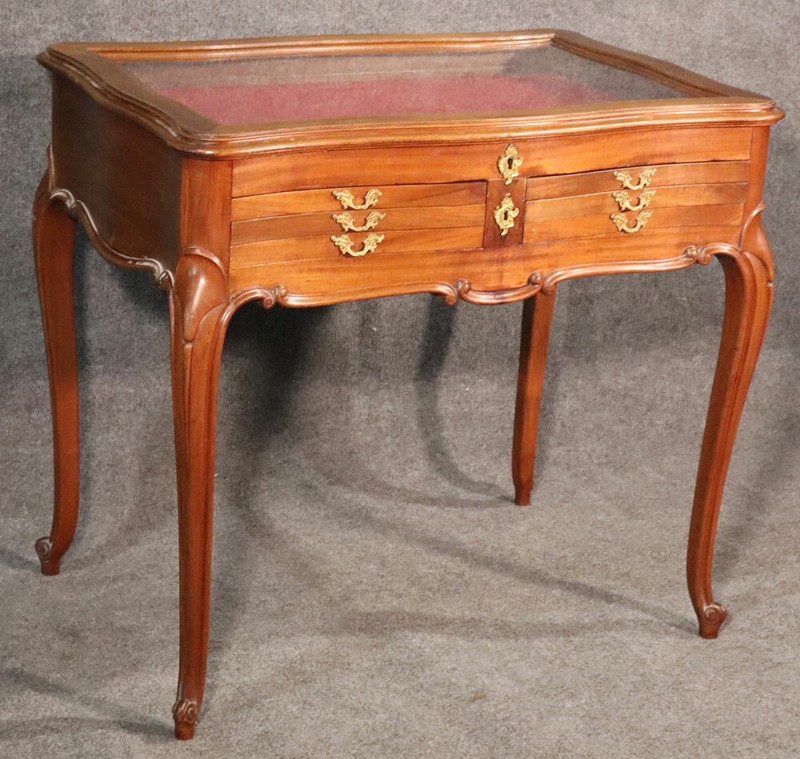 Lockable French Louis XV Walnut Jeweler's Display Table Vitrine with Drawers gallery