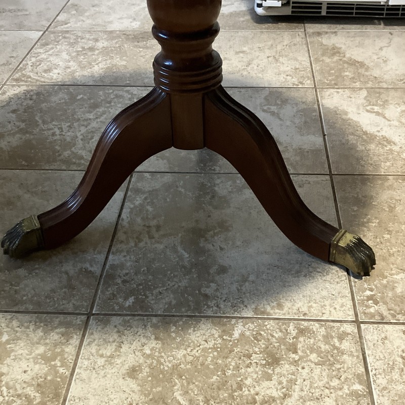 Antique Traditional Round Wood Side Table Brass Feet Single Pedestal Carvings gallery
