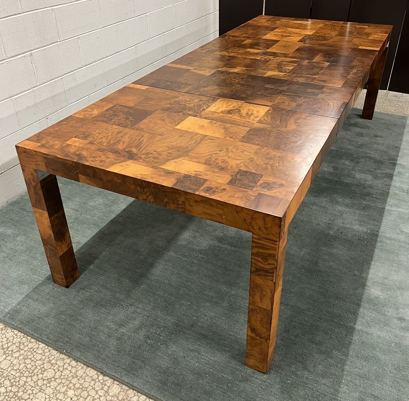 Paul Evans Mid-Century 105" Patchwork Burlwood Veneer Dining Table; 3 Leaves gallery