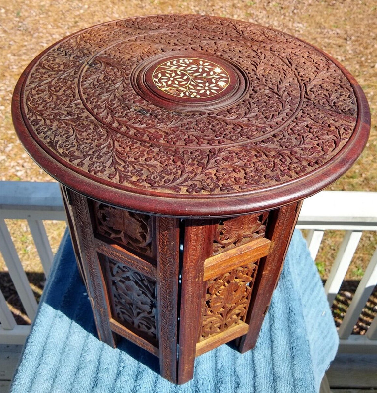 Amazing Antique Inlaid Beautifully Hand Carved Octagonal Indian Side Table