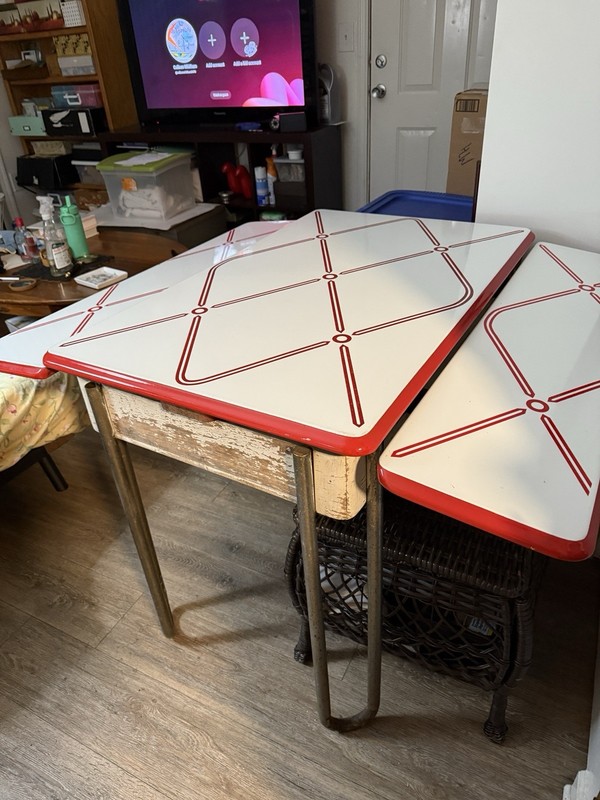 Vintage Porcelain Enamel Red And White Table With Retractable Wings gallery