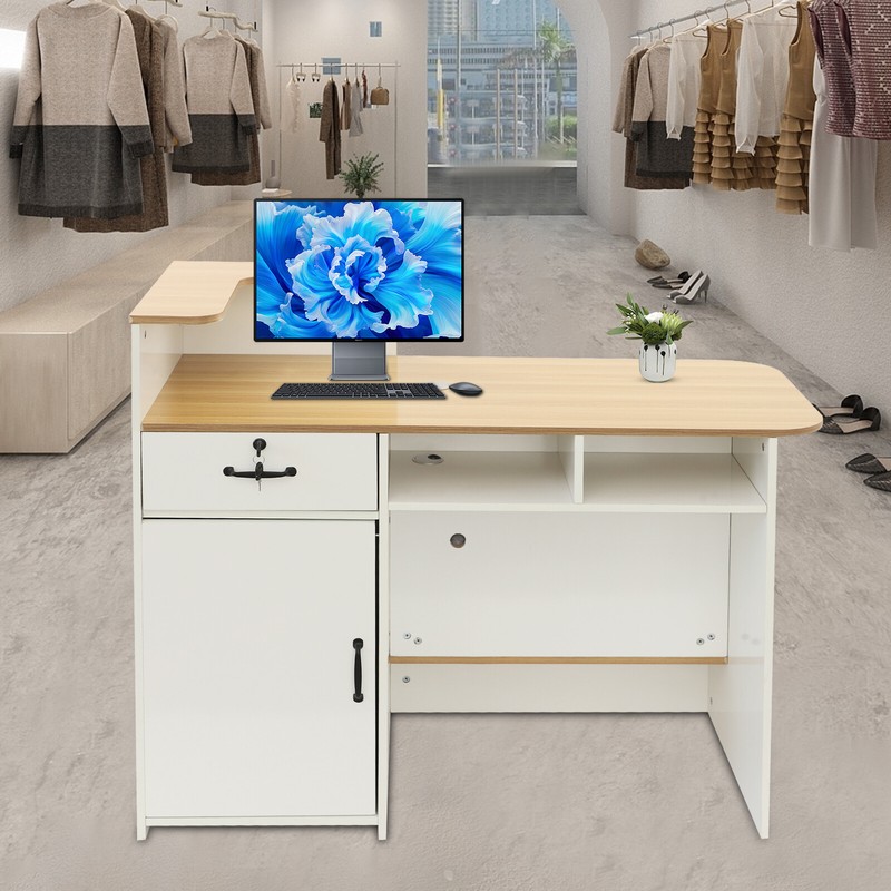 Modern Minimalist Reception Desk with Open Shelves and Locking Drawer 47.2in gallery