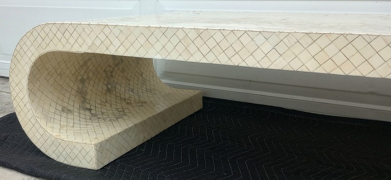 Vintage Mid Century Tessellated Bone Inlay Scroll Coffee Table gallery