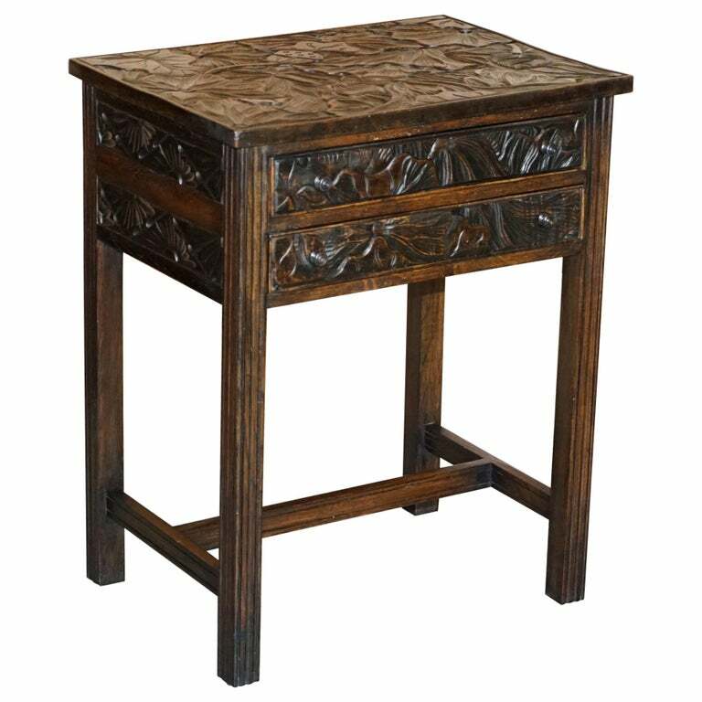 CIRCA 1905 LIBERTY’S LONDON JAPANESE HAND CARVED SIDE LAMP TABLE CUTLERY DRAWERS