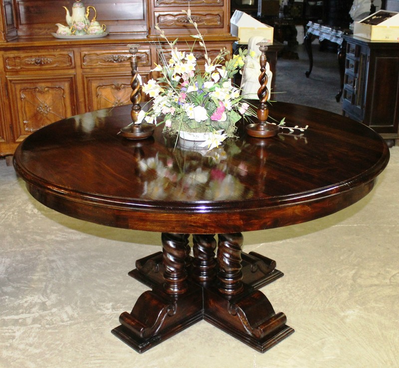 Antique French Style 60″ Round Solid Hardwood Barley Twist Dining & Entry Table