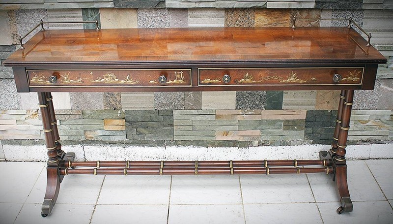 Vintage Entryway Table Hekman Burl wood & Mahogany Chinoiserie Decorated Entry H gallery