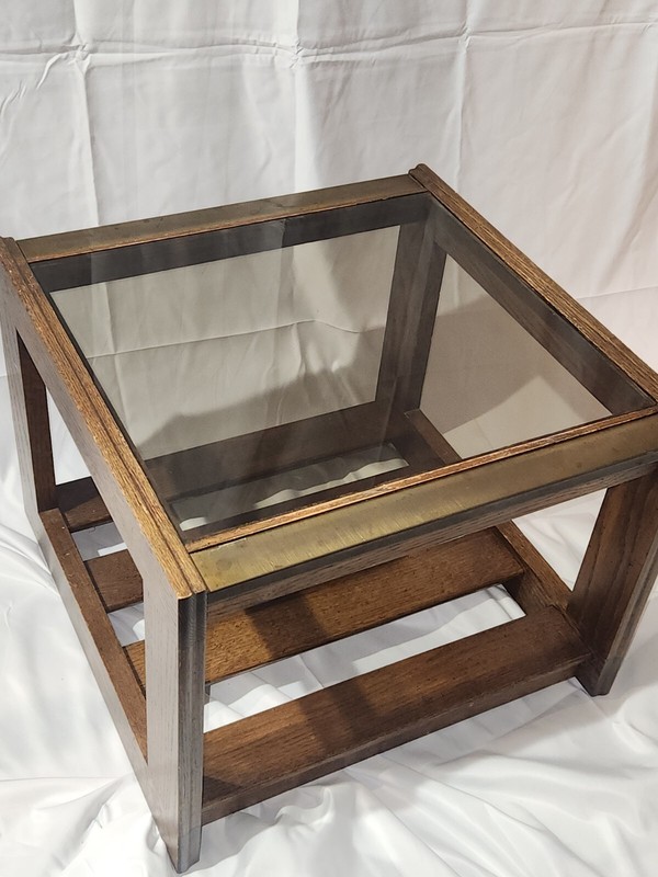 Vintage Mid Century Modern Smoked Glass & Brass End Side Table Mersman Atomic