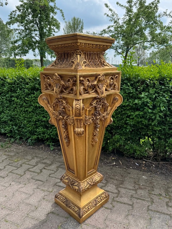Pedestal French Louis XVI 1960 Gold Resin Marble Top Floral Display Stand Tall