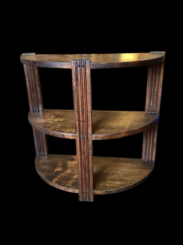 Antique Vtg Art Deco Arts & Crafts 3 Tier Wood Demilune Side End Table Bookshelf