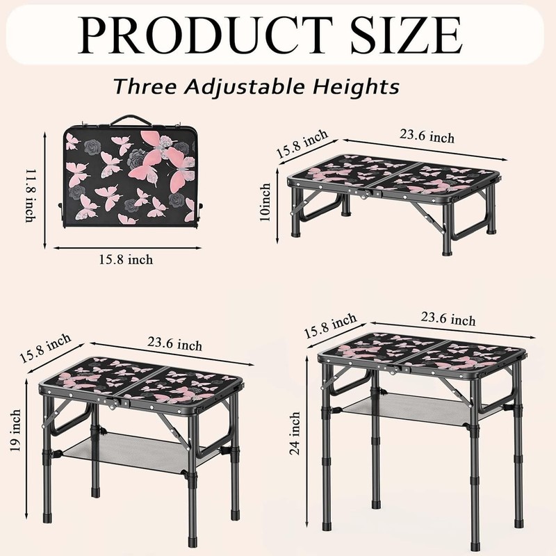 Small Camping Table, Vintage French Butterflies Pattern Folding Table, Adjust... gallery
