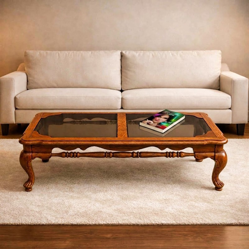 Vintage Wood Coffee Table with Glass Inserts, French Provincial / Traditional St