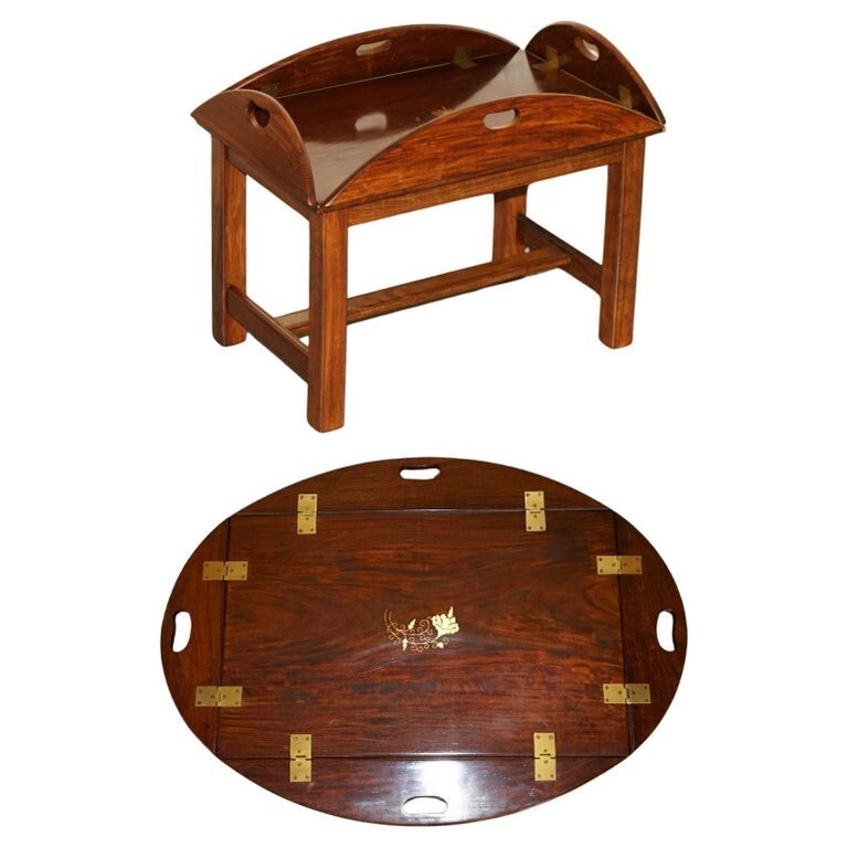FINE VINTAGE ENGLISH MAHOGANY & BRASS BUTLERS TRAY TABLE WITH FOLDING SIDES