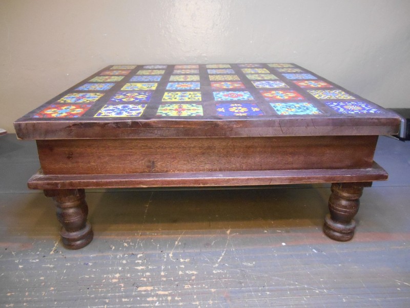 Wooden Chowki Handmade Table Top Riser Monterrey Style Colored Tiles. 15"x15" gallery