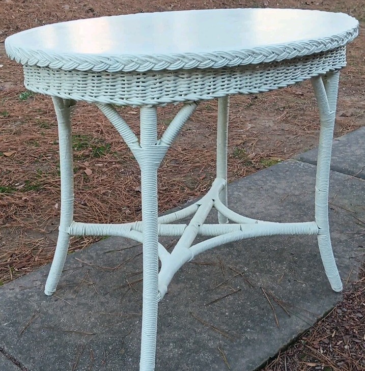 VINTAGE WICKER FIBRE OVAL PARLOR TABLE by AMERICAN CHAIR CO SHEBOYGUN WISCONSIN gallery