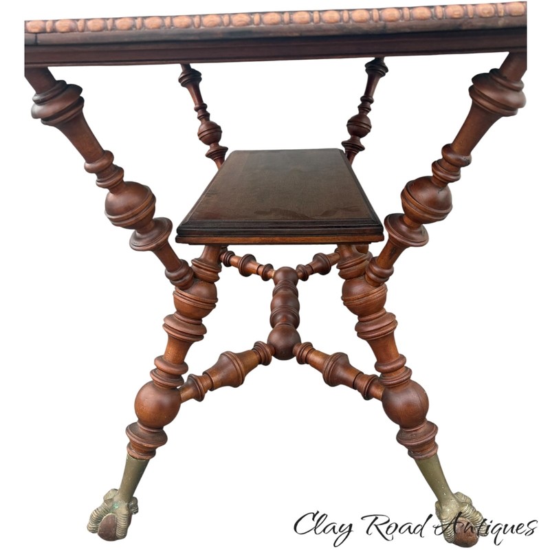 Antique victorian mahogany Merklen Brothers parlor table ball claw barley twist gallery