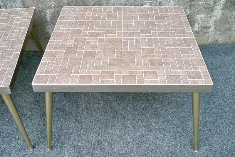 Pair of Mid Century Modern Mosaic Tile Top Tables Gold Anodized Aluminum - 26" gallery