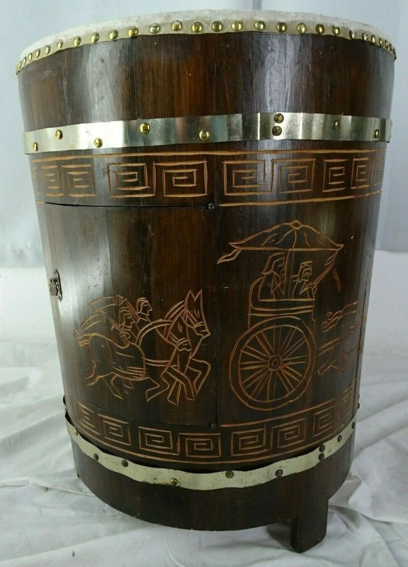 Vintage Wood Oriental Theme Drum End Table #1 MT