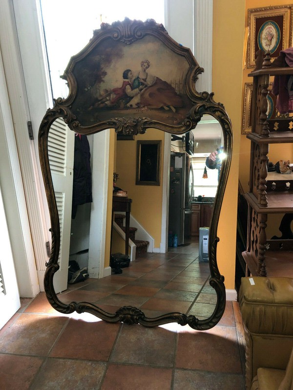 Antique Carved Gold Leaf French Style Mirror with Hand Painted Scene
