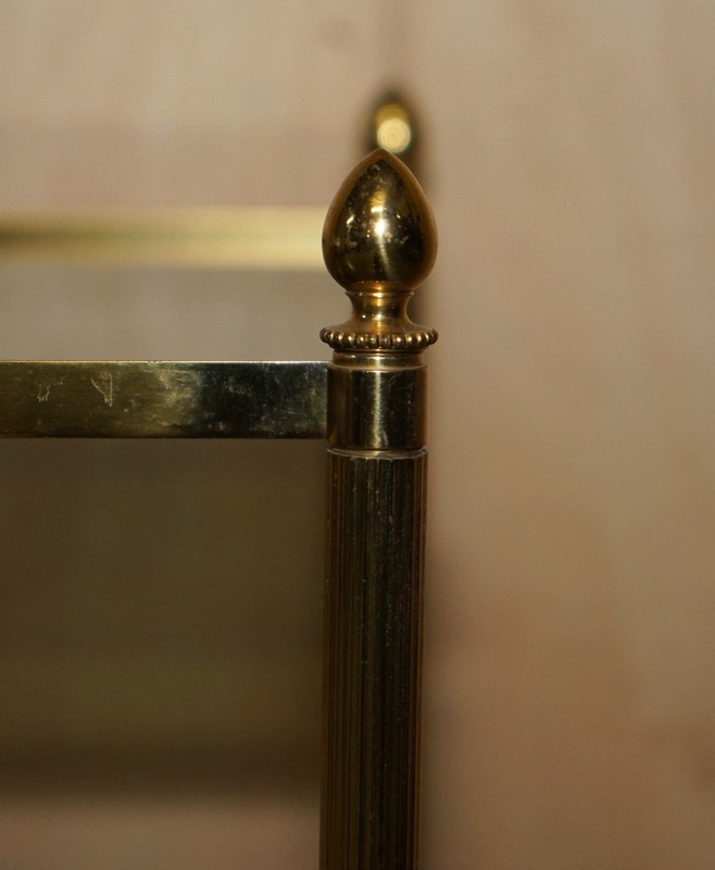 FINE PAIR OF MID CENTURY MODERN BRASS AND SMOKED GLASS THREE TIER ETAGERE TABLES gallery