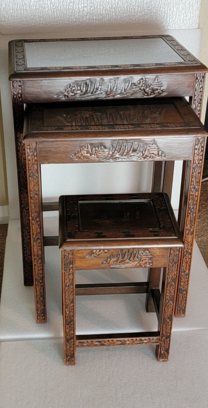 VINTAGE ASIAN HANDCARVED WOODEN S 3 NESTING TABLES 25x20x14 22x17x13 16x11x9 gallery