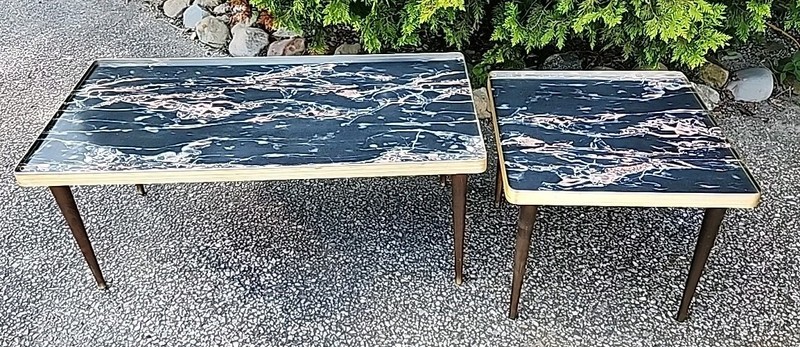 Vintage 1950’s MCM Coral/Black Formica Hairpin Leg ~ End Table And Coffee Table
