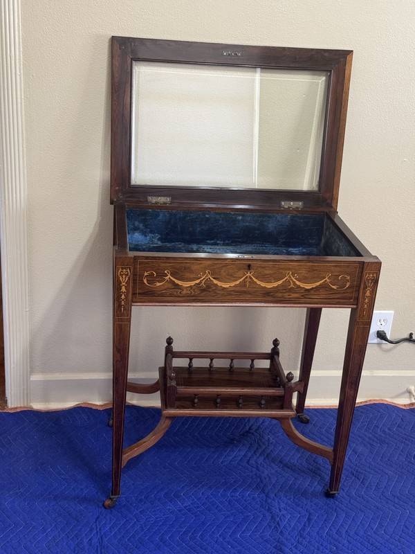Antique Marquetry Vitrine Display Table with Beveled Glass Top 19th Century gallery