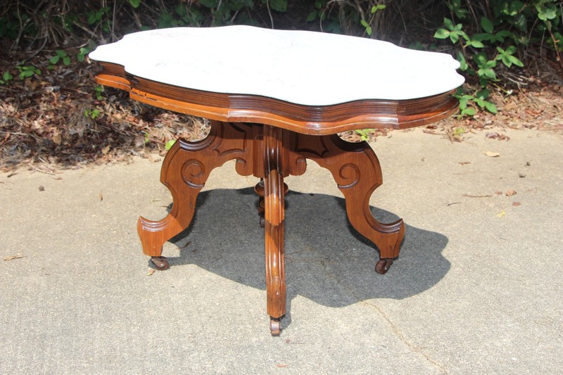 Walnut Victorian Renaissance Revival Marble Turtle Top Coffee Table ~ Ca.1870 gallery