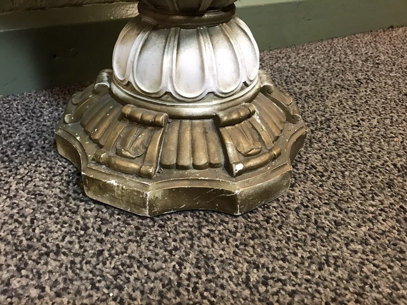 VINTAGE HEAVY PLASTER CEMENT GREEK ROMAN ROUND ORNATE PLANT STAND TABLE 11 X 16” gallery