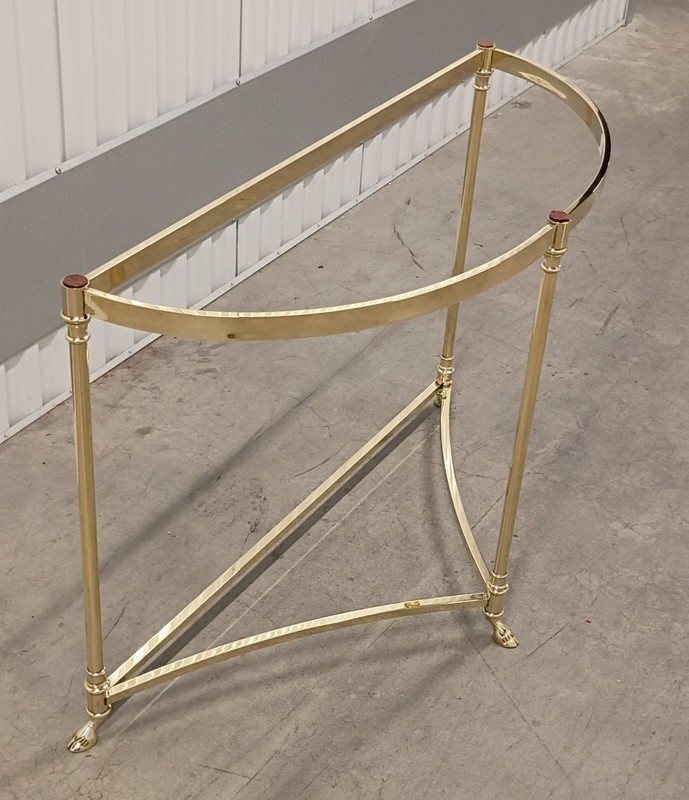 LaBarge Hollywood Regency Style Demi-Lune Brass & Glass Table w Hooved Feet gallery