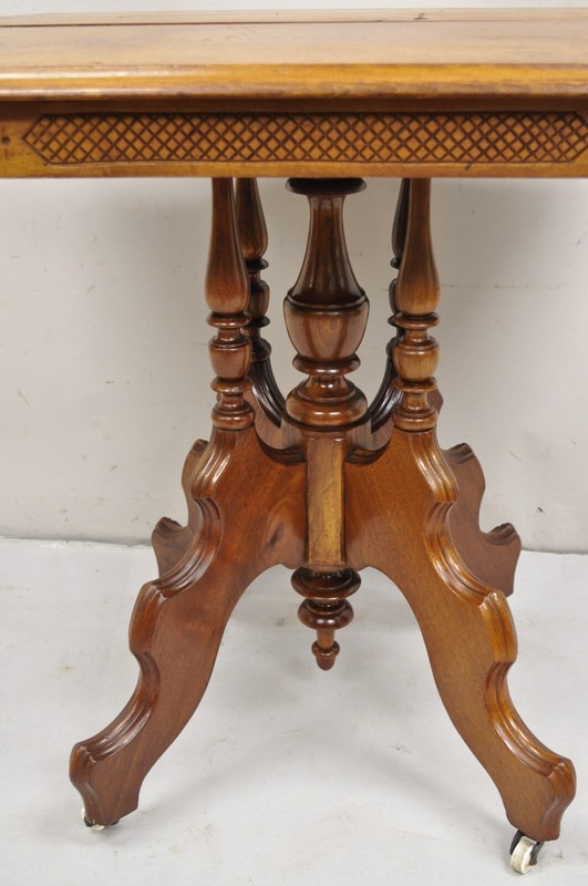 Antique Eastlake Victorian Carved Walnut Pedestal Base Parlor Lamp Table gallery