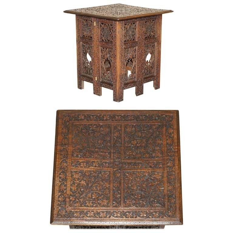 ORNATELY HAND CARVED ANGLO INDIAN BURMESE SIDE COFFEE LAMP WINE FOLDING TABLE