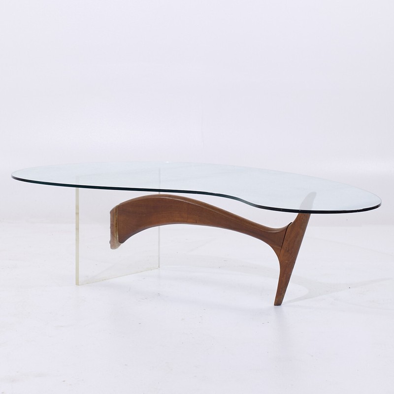 Vladimir Kagan Style Mid Century Walnut and Lucite Kidney Shaped Coffee Table gallery