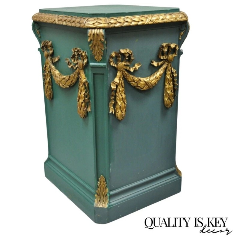 Vintage French Louis XVI Style Green Gold Carved Wood 39″ Column Pedestal Stand