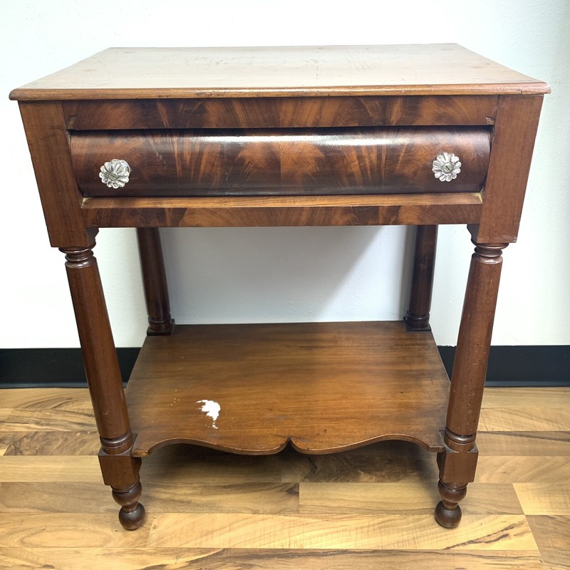 Antique Two-Tier Polished Wood Side Table Clear Knobs