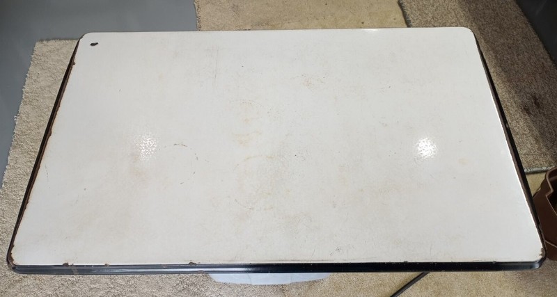 Vintage 1938 PORCELAIN ENAMEL TABLE TOP 25×40″ WHITE BLACK RICHMOND CABINET CO