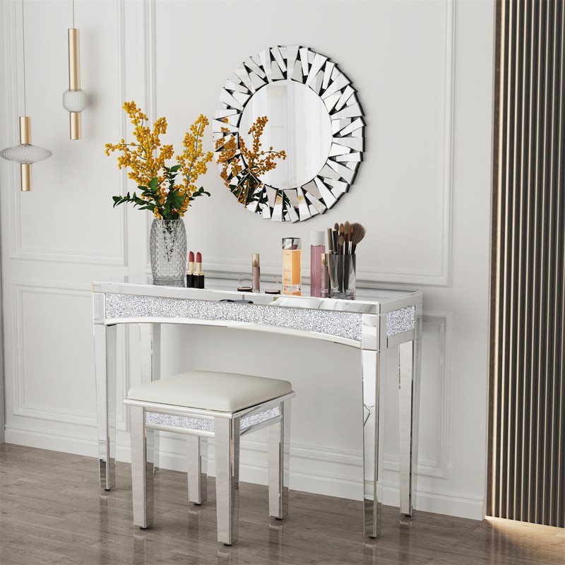 Modern Console Table Mirrored Finished Glam Silver Entryway Table Crystals Inlay gallery